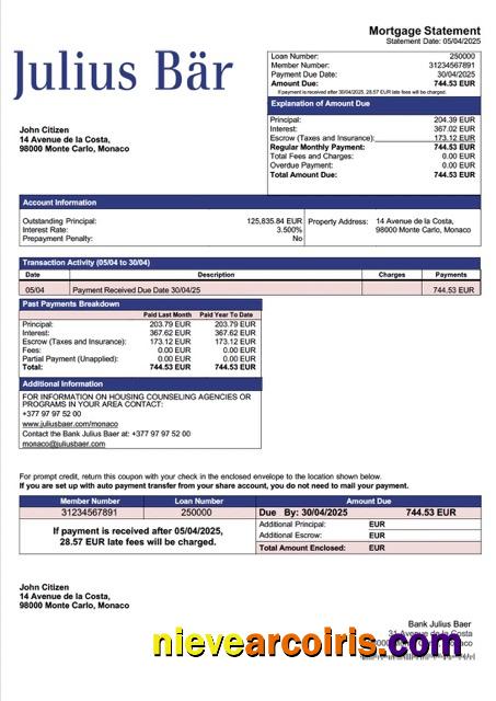 Monaco Bank Julius Baer mortgage statement Word and PDF template